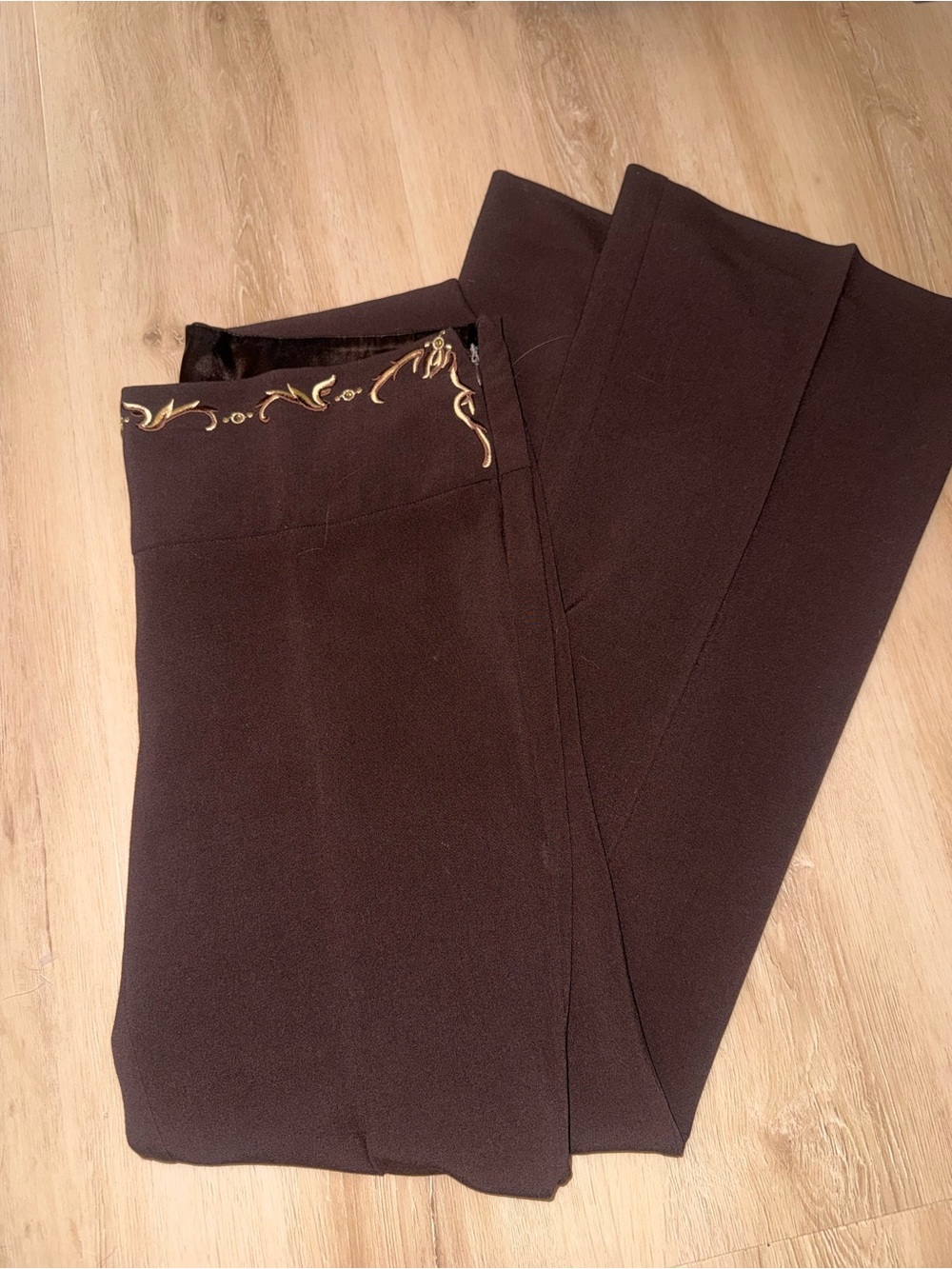 Madison & Co Chocolate Brown Wide-Leg Pants with Gold Waist Embroidery